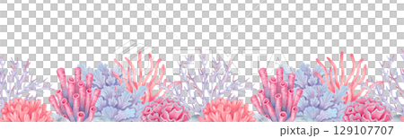 Sea corals, seaweed with stones. Seamless coral reef border. Watercolor and marker illustrations. Hand drawn isolated image. Underwater animals banner for kids room, shower, guidebook. Sea corals, seaweed with stones. Seamless coral reef border. Watercolor and marker illustrations. Hand drawn isolated image. Underwater animals banner for kids room, shower, guidebook. 129107707