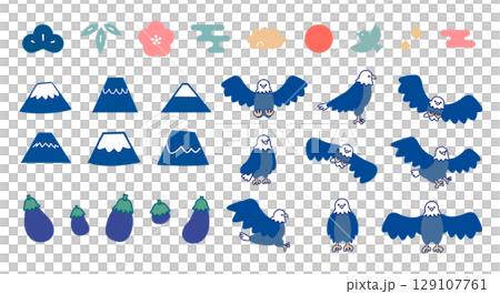 富士山、鷹和茄子等新年材料的插圖集 129107761