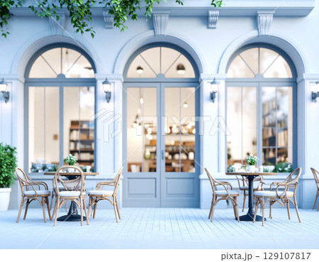 おしゃれなカフェ ブックカフェ 外観 テラス席 オープンカフェ 昼 市街地 街並み  129107817