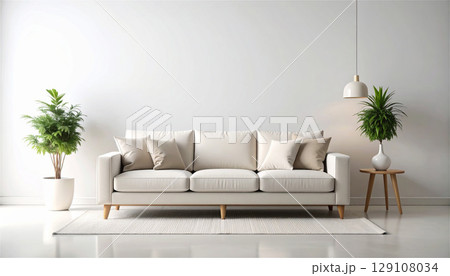 明るい白基調のミニマルなリビングルーム|北欧デザインソファと観葉植物が映えるモダンインテリア空間 明るい白基調のミニマルなリビングルーム|北欧デザインソファと観葉植物が映えるモダンインテリア空間 129108034