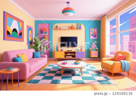 3D rendered illustration of a living room scene with rich color matching 129108116