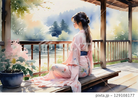 縁側に座ってくつろぐ浴衣姿の女性、和の風情漂う穏やかな午後 縁側に座ってくつろぐ浴衣姿の女性、和の風情漂う穏やかな午後 129108177
