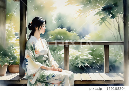 縁側に座ってくつろぐ浴衣姿の女性、和の風情漂う穏やかな午後 縁側に座ってくつろぐ浴衣姿の女性、和の風情漂う穏やかな午後 129108204