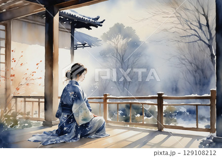 縁側に座ってくつろぐ浴衣姿の女性、和の風情漂う穏やかな午後 129108212