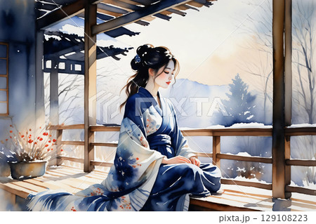 縁側に座ってくつろぐ浴衣姿の女性、和の風情漂う穏やかな午後 縁側に座ってくつろぐ浴衣姿の女性、和の風情漂う穏やかな午後 129108223