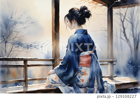 縁側に座ってくつろぐ浴衣姿の女性、和の風情漂う穏やかな午後 129108227