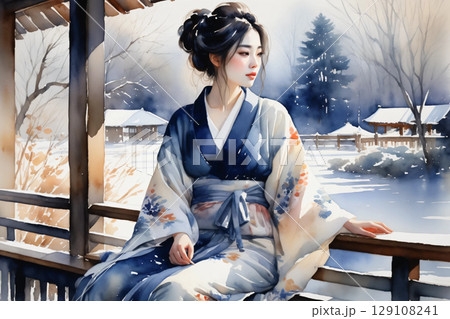 縁側に座ってくつろぐ浴衣姿の女性、和の風情漂う穏やかな午後 129108241
