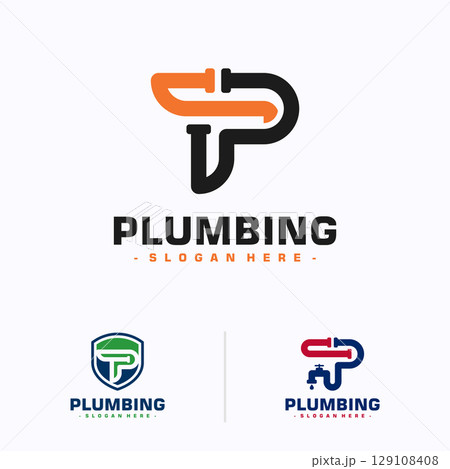 Letter P plumbing logo design template. Vector illustration 129108408