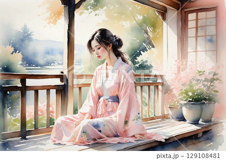 縁側に座ってくつろぐ浴衣姿の女性、和の風情漂う穏やかな午後 縁側に座ってくつろぐ浴衣姿の女性、和の風情漂う穏やかな午後 129108481
