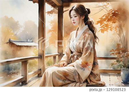 縁側に座ってくつろぐ浴衣姿の女性、和の風情漂う穏やかな午後 129108523