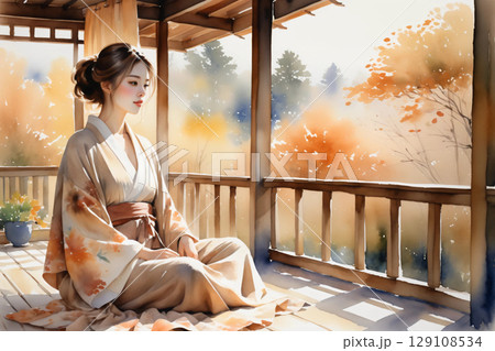 縁側に座ってくつろぐ浴衣姿の女性、和の風情漂う穏やかな午後 縁側に座ってくつろぐ浴衣姿の女性、和の風情漂う穏やかな午後 129108534