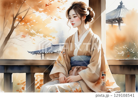 縁側に座ってくつろぐ浴衣姿の女性、和の風情漂う穏やかな午後 129108541