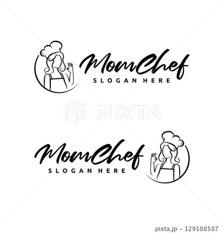 Mom kitchen logo vector illustration with modern typography. Chef mascot logo. 129108587