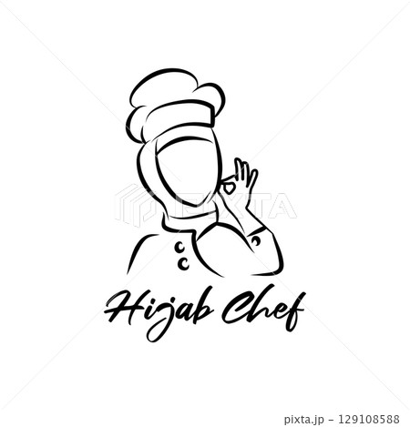 Vector illustration of an Asian female chef logo wearing a headscarf. Chef mascot logo. 129108588