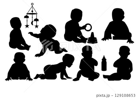 Set of baby activity silhouettes. Black and white Vector Illustration 129108653