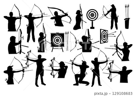 Attractive female and male archer silhouettes. Black and white Vector Illustration 129108683
