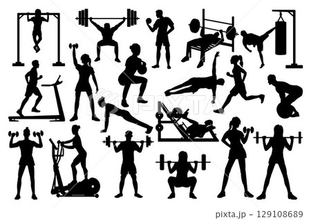 Set of fitness, bodybuilding, exercising and yoga. Black and white Vector Illustration 129108689