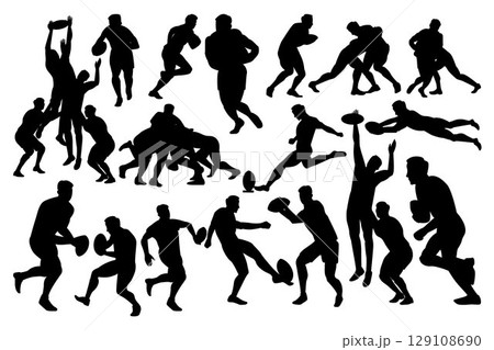 Set of rugby players silhouette on the field. Black and white Vector Illustration Set of rugby players silhouette on the field. Black and white Vector Illustration 129108690