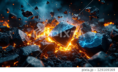 溶岩に包まれ砕ける黒い岩|迫力ある爆発と熱エネルギーの背景素材 溶岩に包まれ砕ける黒い岩|迫力ある爆発と熱エネルギーの背景素材 129109169