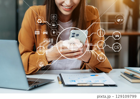 Business working with reduce CO2 concept with icons, global warming such as reforest green factory recycle and zero carbon 129109799