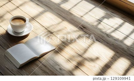 窓際に置かれた本とコーヒー 129109941
