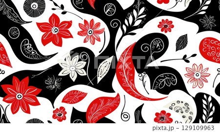 Abstract Floral Seamless Pattern in Red, White, and Black 129109963