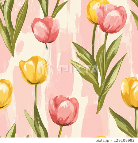 Floral Seamless Pattern with Pink and Yellow Tulips on a Pink Background 129109992