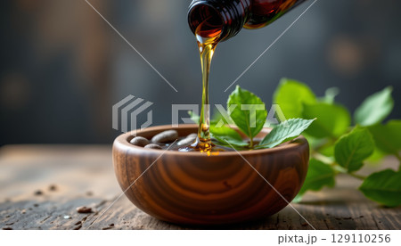 Honey pouring into wooden bowl with green leaves and nuts on rustic wooden table, natural and fresh atmosphere 129110256