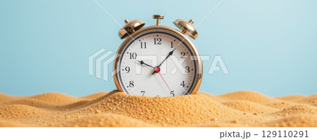 Vintage alarm clock with white face and gold frame partially buried in sand under clear blue sky, evoking surreal sense of time slipping away Vintage alarm clock with white face and gold frame partially buried in sand under clear blue sky, evoking surreal sense of time slipping away 129110291