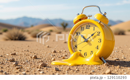 Yellow alarm clock melting in desert sand with blurred mountains and dry plants in background, surreal and vibrant concept of time 129110293