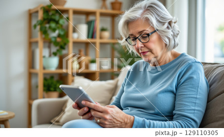 Elderly woman with glasses using smartphone at home, sitting on couch in cozy living room with plants and shelves, focused expression 129110305