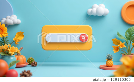 Floating search box on light blue background with yellow flowers and fruit, creating cheerful and bright atmosphere 129110306
