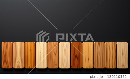 Wooden color palette with various natural wood textures and shades arranged in row on black background, showcasing warm and smooth finishes 129110532