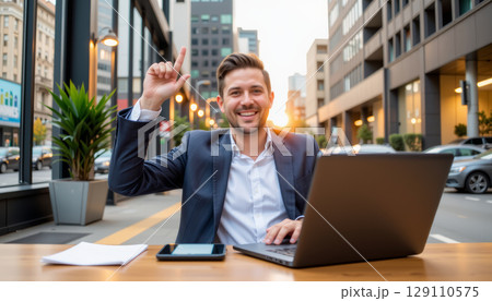 Young businessman smiling and raising hand while working on laptop outdoors in city street at sunset 129110575