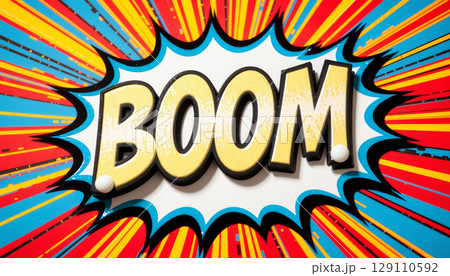 Boom comic book explosion text with colorful red yellow and blue burst background in pop art style, dynamic and energetic expression 129110592