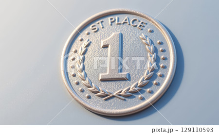 First place medal with number one and laurel wreath on textured surface, symbol of victory and achievement 129110593