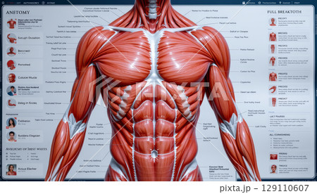 Human muscular system anatomy chart showing detailed muscle structure and labeled muscle groups in upper body and arms 129110607