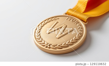 Gold winner medal with laurel wreath design and yellow ribbon, symbolizing achievement and success in competition or sports 129110632