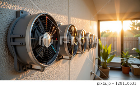 Wall mounted ventilation fans installed in row on textured wall with sunlight streaming through glass door creating warm atmosphere 129110633