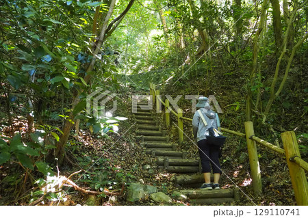 萩城（山口県）指月山をハイキングする女性の後ろ姿 129110741