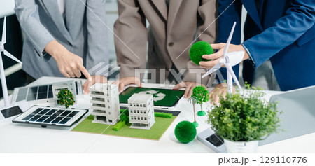 Business team people planning hand using laptop for working technology and business Net zero and carbon neutral concept.NET ZERO icons 129110776