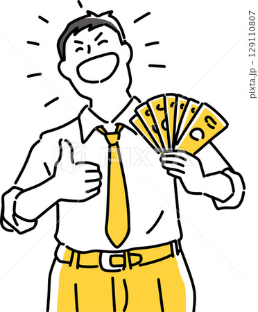 複数の札を見せて笑う男性社員 複数の札を見せて笑う男性社員 129110807