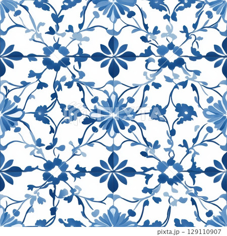 Blue and White Floral Tile Seamless Pattern 129110907