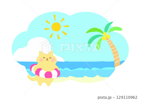 夏リゾート　浮き輪に入ったかわいい猫の手描きイラスト素材 129110962