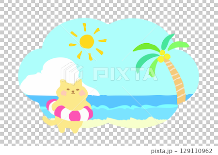 夏リゾート　浮き輪に入ったかわいい猫の手描きイラスト素材 129110962