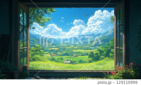 窓から見る風景のイラスト素材 [129110999] - PIXTA