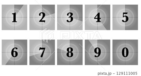 Square 1x1 movie countdown set with vintage filmstrip numbers. Grunge background for clip intro, retro video design or countdown animation. Old cinema frame timer for photography projects 129111005