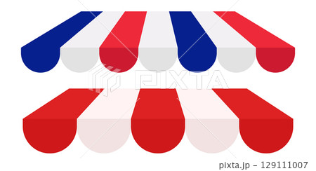 Sunshade Canopy Vector Set. Red White Blue Striped Awning for Shop or Market. Outdoor Tent Roof for Restaurant or Kiosk. Circus Parasol Isolated on White. 129111007