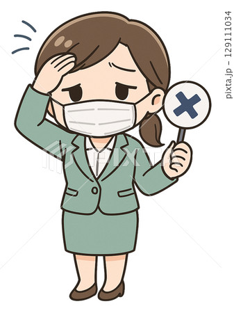 体調が悪くて対応が出来ないことをバツ印の札でお知らせするスール姿のビジネスウーマン 129111034