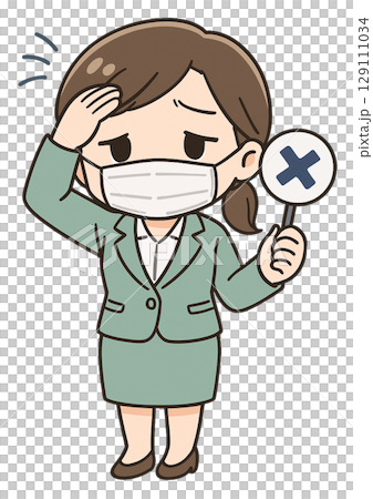 一位穿著西裝的女商人用十字架手勢表示她身體不適，無法回應 129111034